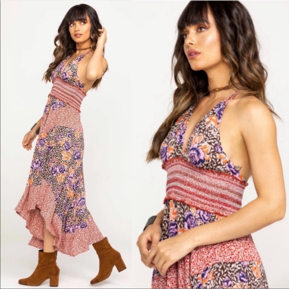 Free People Intimately Free Gabriela Dress Halter Style Asymmetrical Hem Floral